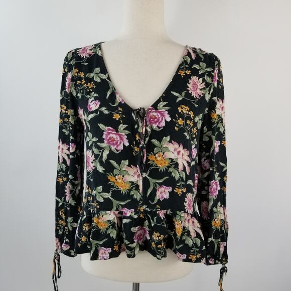 American Eagle Outfitters Black Purple Green Boho Floral Tie Neck Top Size Small - Picture 1 of 5